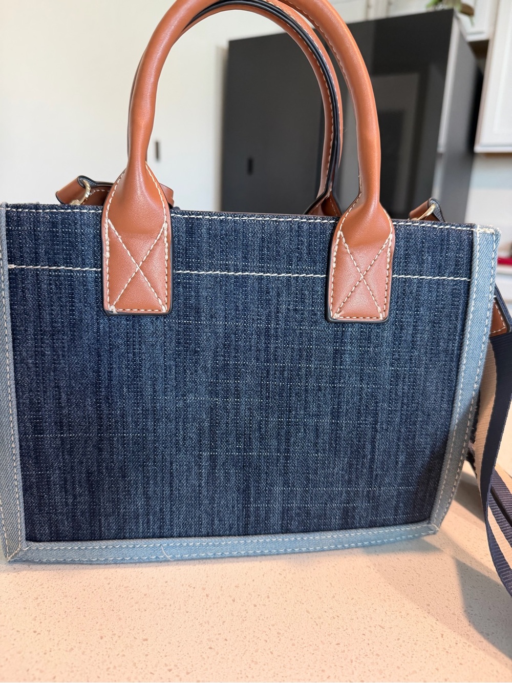 True Religion Navy Denim Tote with Tan Leather Handles - Picture 2 of 10